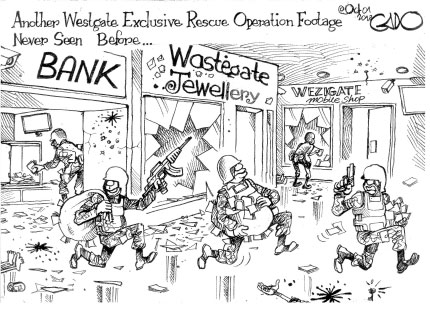 Ein Bild sagt mehr als tausend Worte: der tansanische Cartoonist Gado trift den Nagel wieder einmal auf den Kopf. (http://gadocartoons.com/rescue-operation-footage-never-seen-westgate/)